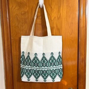 New emerald green black cross stitch print cotton blend tote